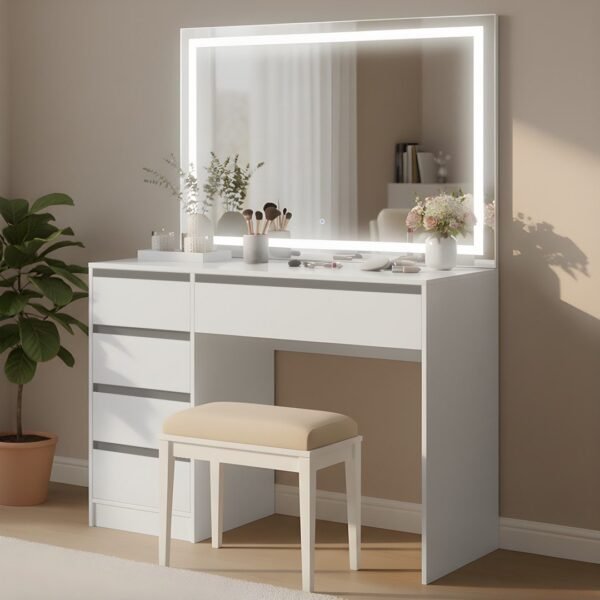 Dressing Table 150×120 cm – White with LED Mirror