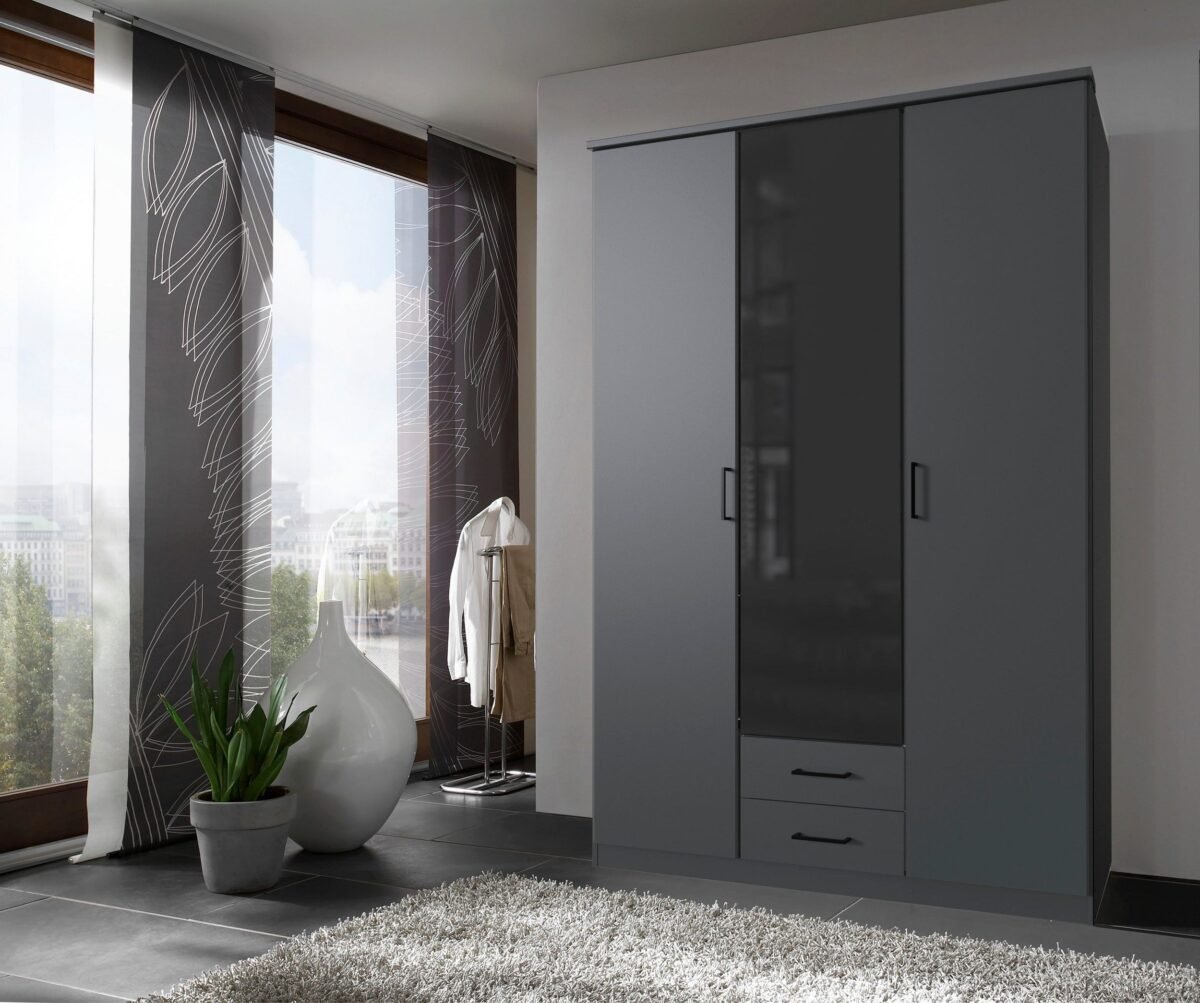 Dark Grey Wardrobe 200×150 cm with Center Glass Door & Drawers - Image 1