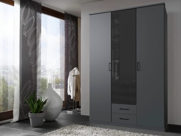 Dark Grey Wardrobe 200×150 cm with Center Glass Door & Drawers