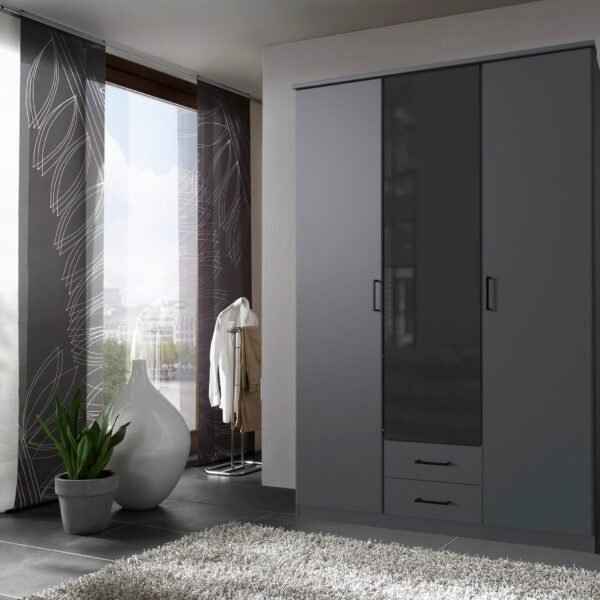 Dark Grey Wardrobe 200×150 cm with Center Glass Door & Drawers