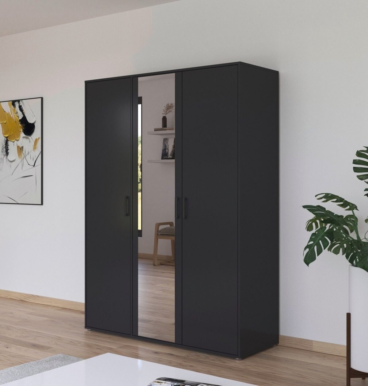 Black Wardrobe 200×150 cm – 3 Doors with Center Mirror - Image 1