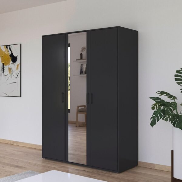 Black Wardrobe 200×150 cm – 3 Doors with Center Mirror