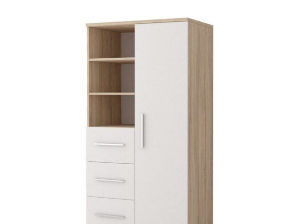 Smart Wardrobe 200×100 cm – White & Light Wood with Open Shelves & Drawers