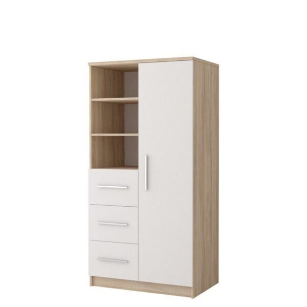 Smart Wardrobe 200×100 cm – White & Light Wood with Open Shelves & Drawers