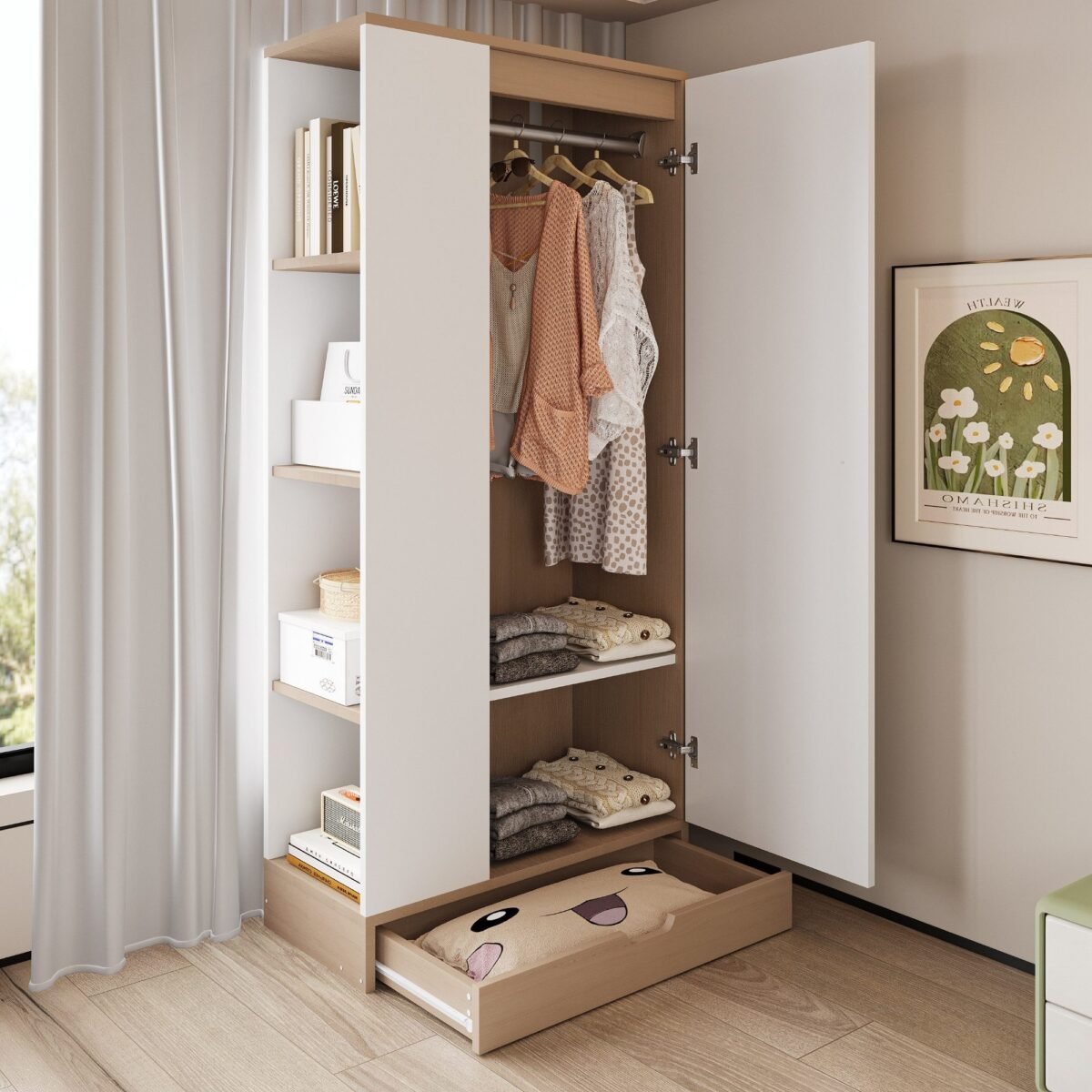 Modern Wardrobe 200×90 cm – White with Light Wood Frame & Open Shelves - Image 4