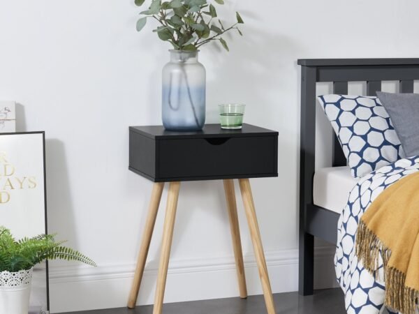 1 Drawer Black Nightstand with Wooden Legs