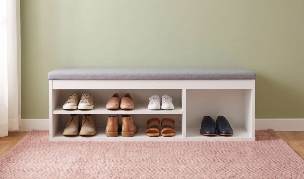 120×50 cm White Shoe Bench with Light Gray Linen Cushion - Image 4