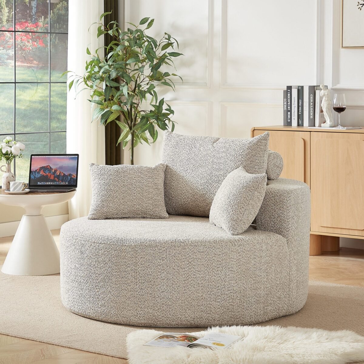 127×127 cm Beige Boucle Oversized Round Armchair - Image 2