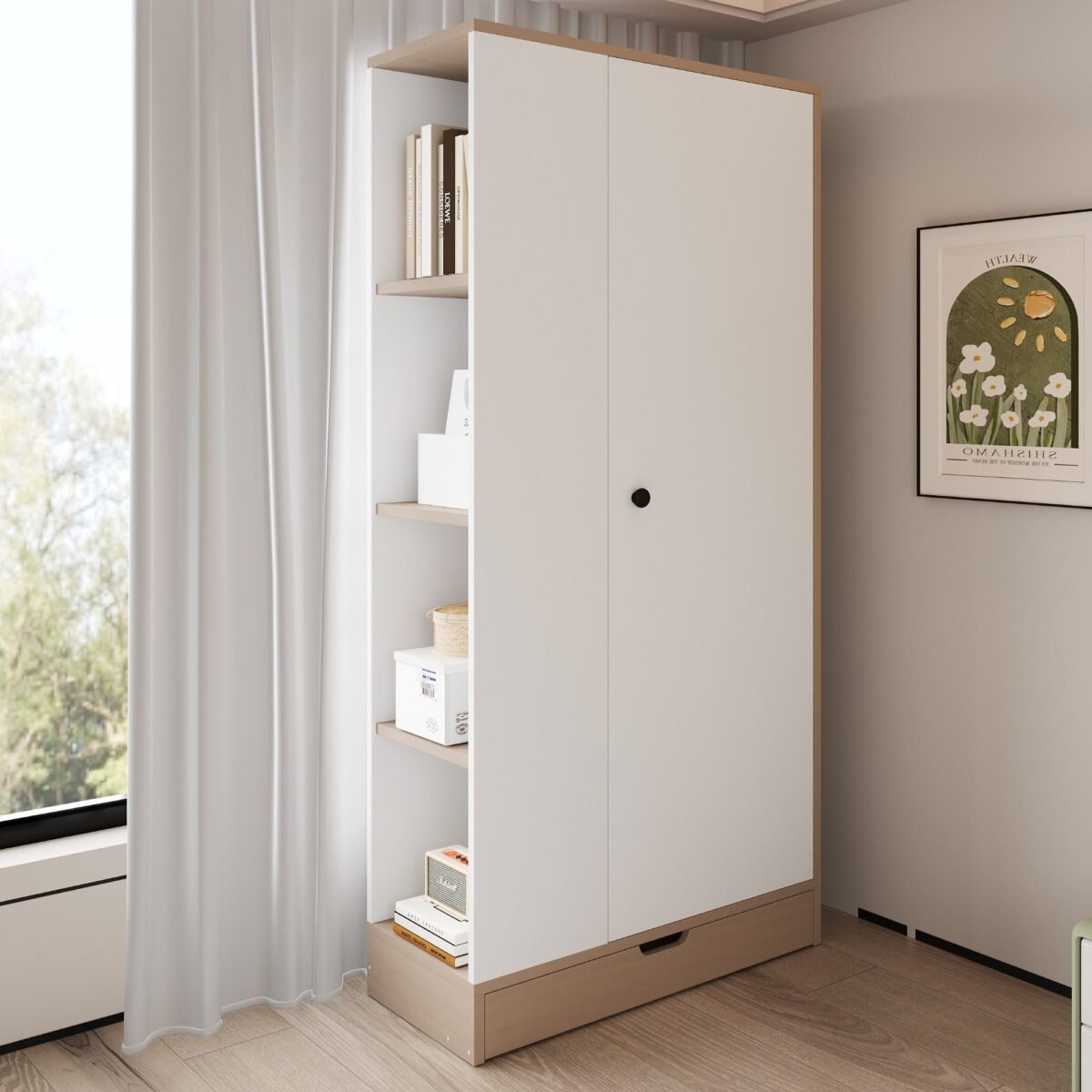 Modern Wardrobe 200×90 cm – White with Light Wood Frame & Open Shelves - Image 1