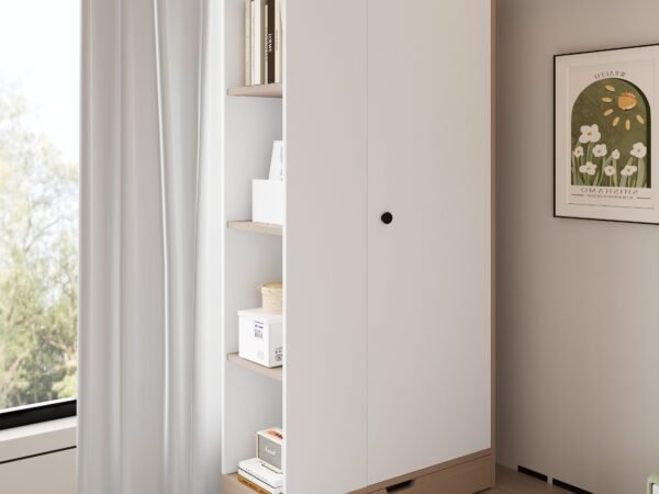 Modern Wardrobe 200×90 cm – White with Light Wood Frame & Open Shelves