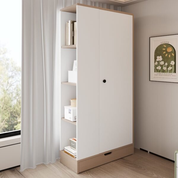Modern Wardrobe 200×90 cm – White with Light Wood Frame & Open Shelves