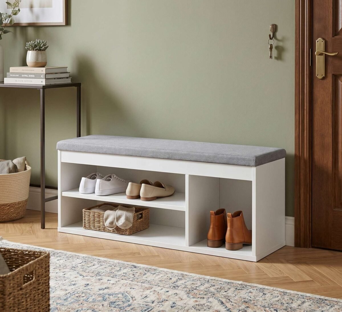 120×50 cm White Shoe Bench with Light Gray Linen Cushion - Image 1