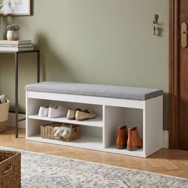 120×50 cm White Shoe Bench with Light Gray Linen Cushion