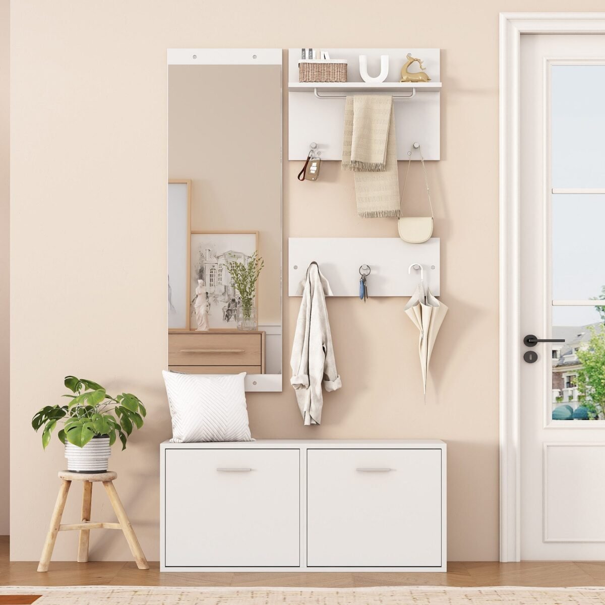 614ecbd5-96f9-43e5-9d0b-ea320cd602e3 140×160 cm White Shoe Cabinet with Mirror and Flip Drawers - Image 1