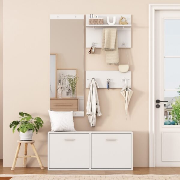 140×160 cm White Shoe Cabinet with Mirror and Flip Drawers