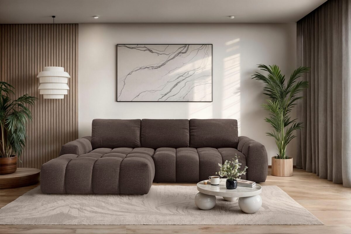 270×166 cm Brown Linen Compact Sectional Sofa - Image 1