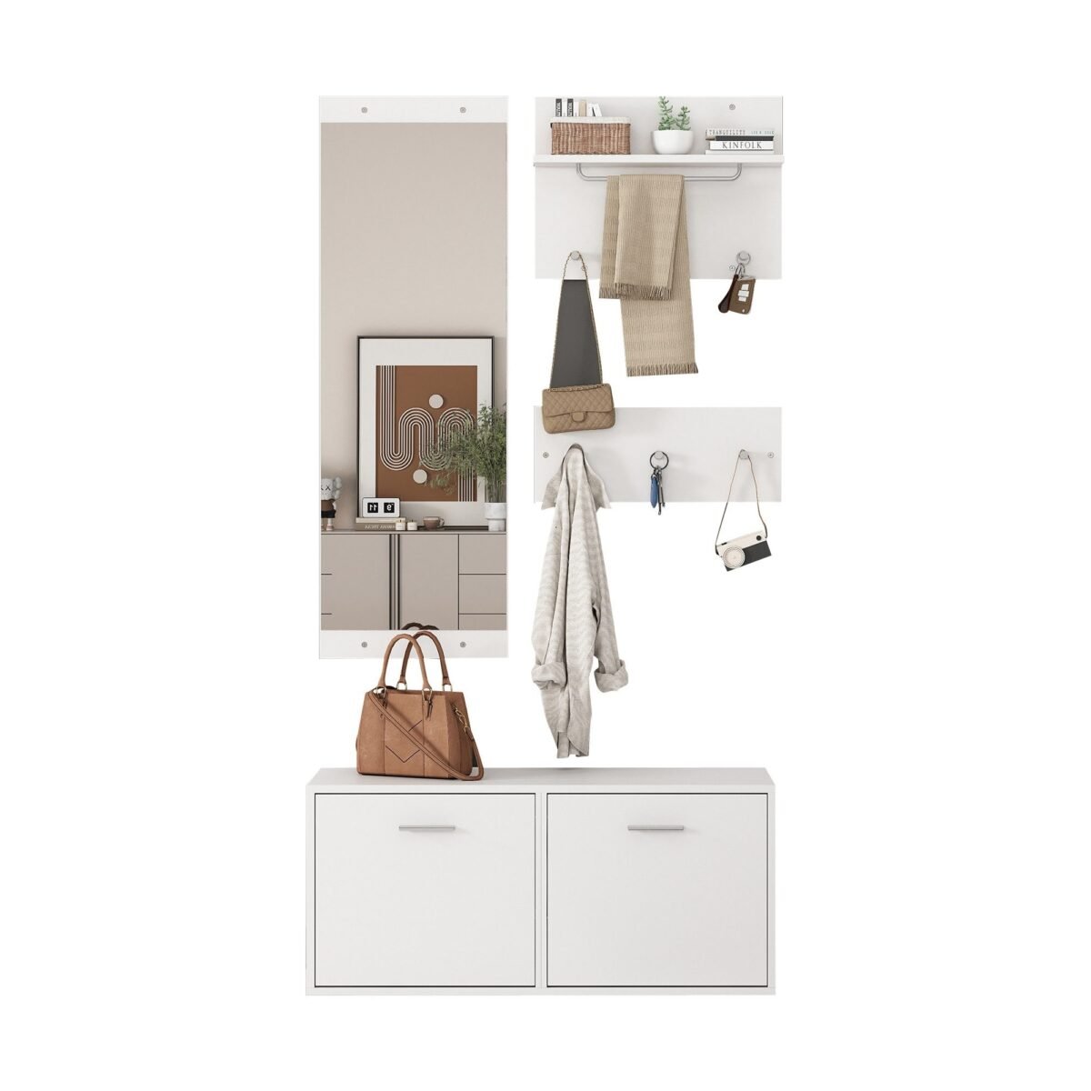 140×160 cm White Shoe Cabinet with Mirror and Flip Drawers - Image 5