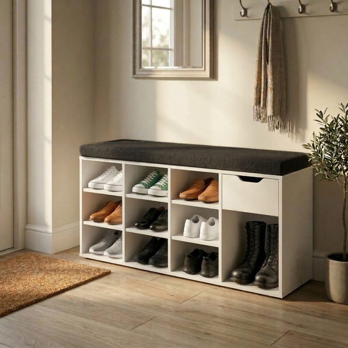 120×50 cm White Shoe Bench with Gray Cushion - Image 1