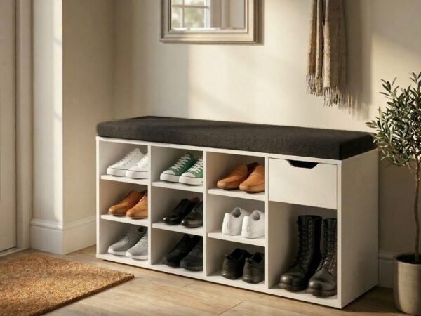 120×50 cm White Shoe Bench with Gray Cushion
