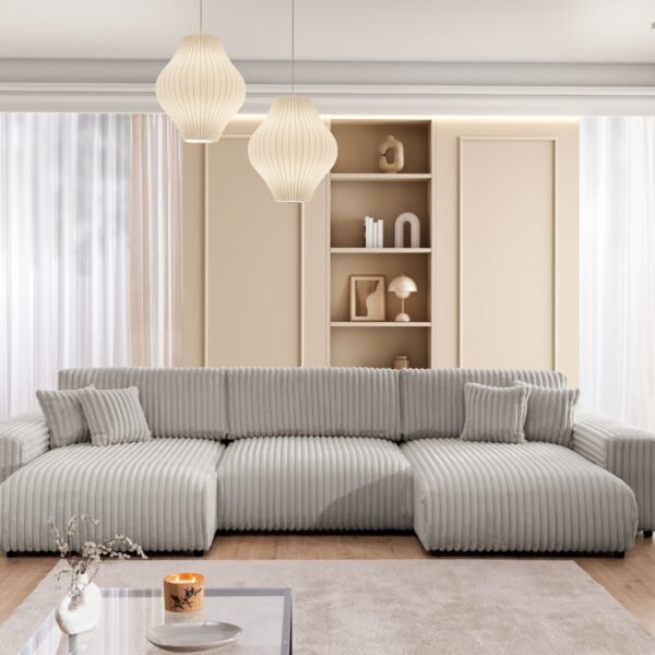 350×168 cm Light Gray Corduroy Sectional Sofa