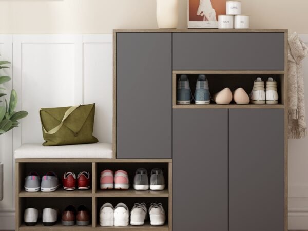 150×120 cm Dark Gray & Wood Shoe Cabinet