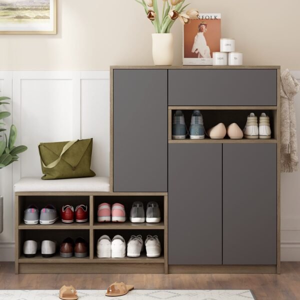 150×120 cm Dark Gray & Wood Shoe Cabinet
