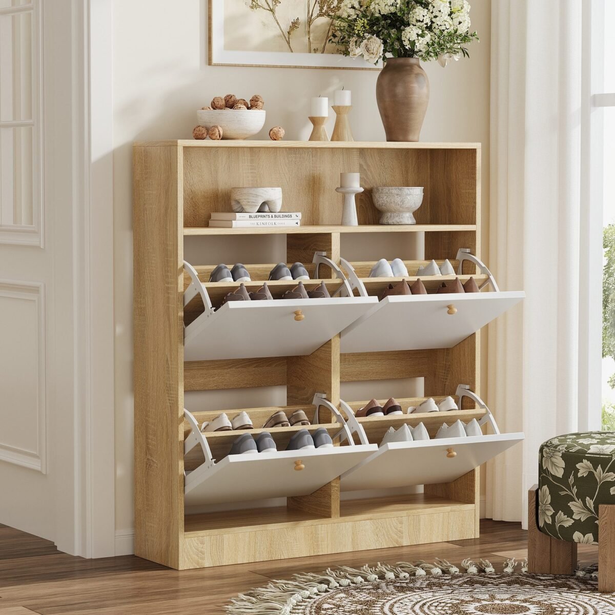 110×110 cm Slim Beige Wood Shoe Cabinet with Flip Drawers and Open Shelf - Image 3