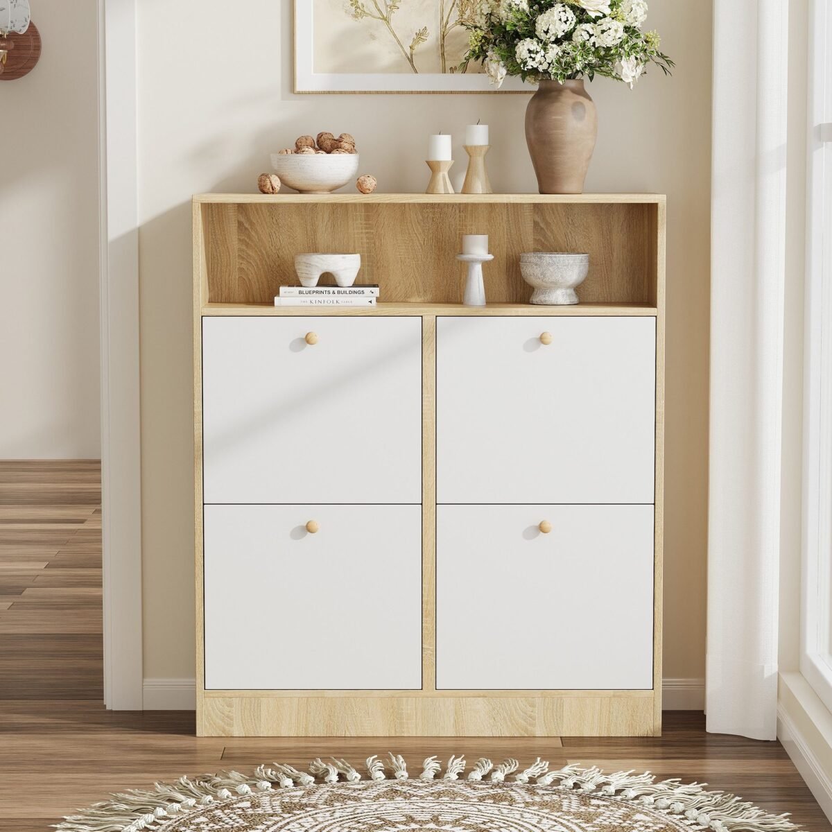 110×110 cm Slim Beige Wood Shoe Cabinet with Flip Drawers and Open Shelf - Image 1