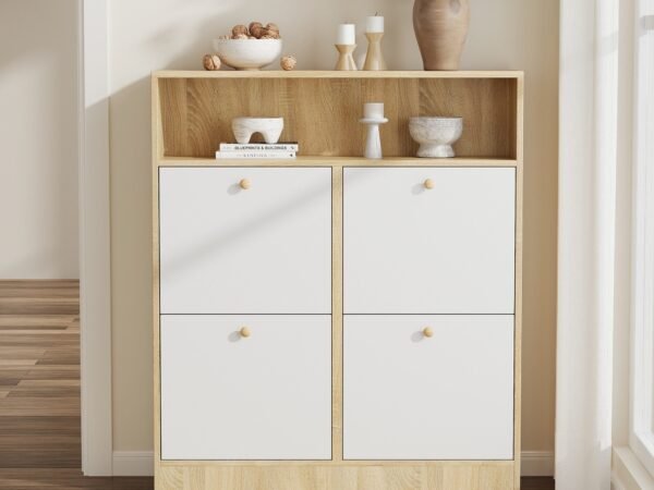 110×110 cm Slim Beige Wood Shoe Cabinet with Flip Drawers and Open Shelf