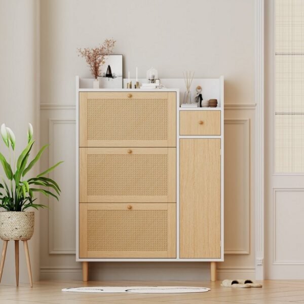 120×140 cm Beige Wood Shoe Cabinet with White Finish and Rattan Touch