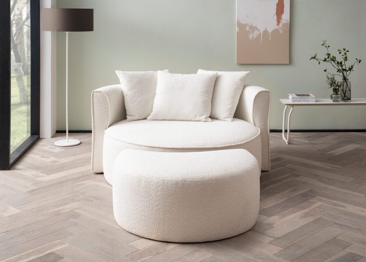 153×98 cm Cream Bouclé Large Armchair with Ottoman - Image 4
