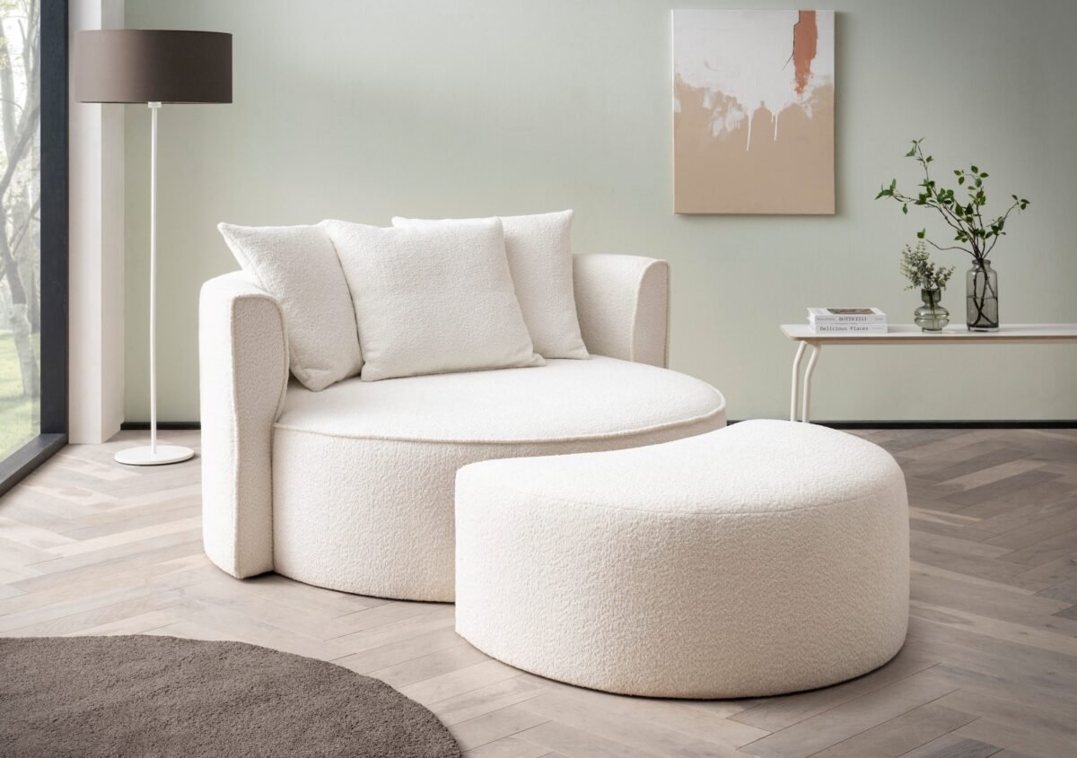 153×98 cm Cream Bouclé Large Armchair with Ottoman - Image 1