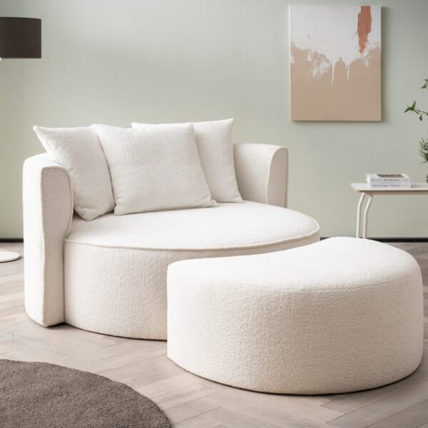 153×98 cm Cream Bouclé Large Armchair with Ottoman