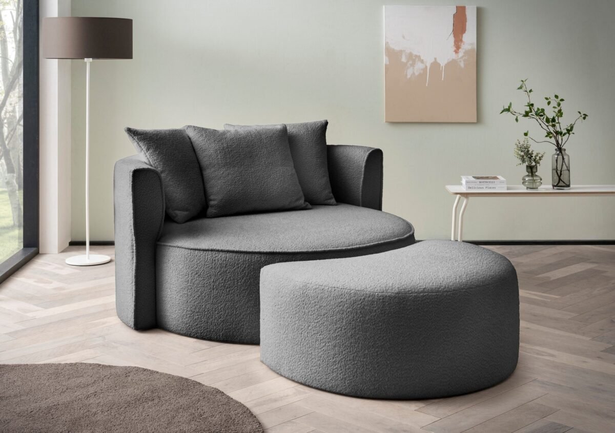 153×98 cm Dark Gray Boucle Large Armchair with Ottoman - Image 1